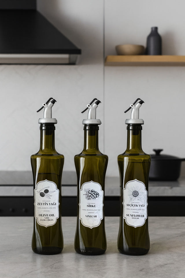 3'lü Etiketli Yeşil Cam Yağ Şişesi Seti 500 ml