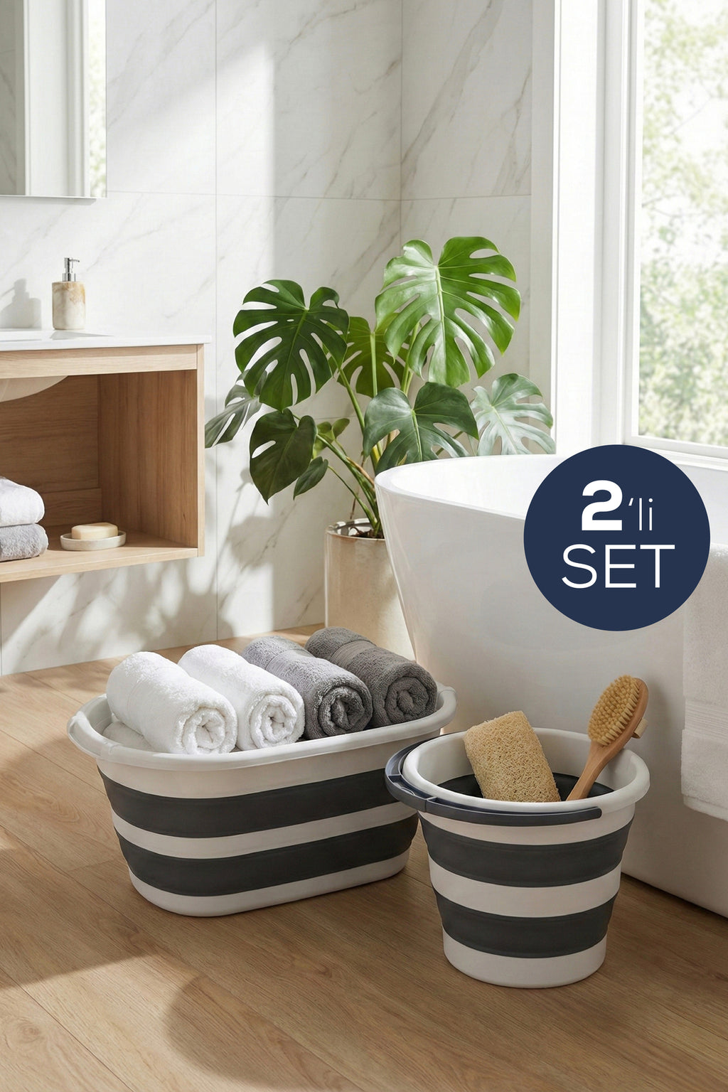 25 L Katlanır Sepet + 12 L Katlanır Kova Antrasit | Yer Kaplamayan Akordiyon Tasarım