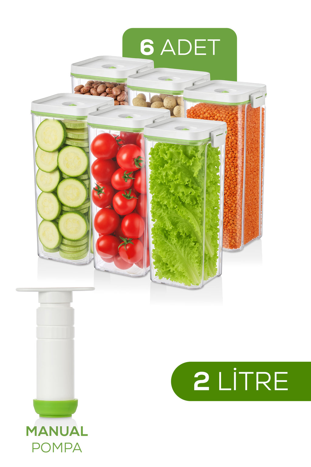7'li Vakumlu Saklama Kabı Seti | 6x 2 Litre Kap + Manuel Pompa