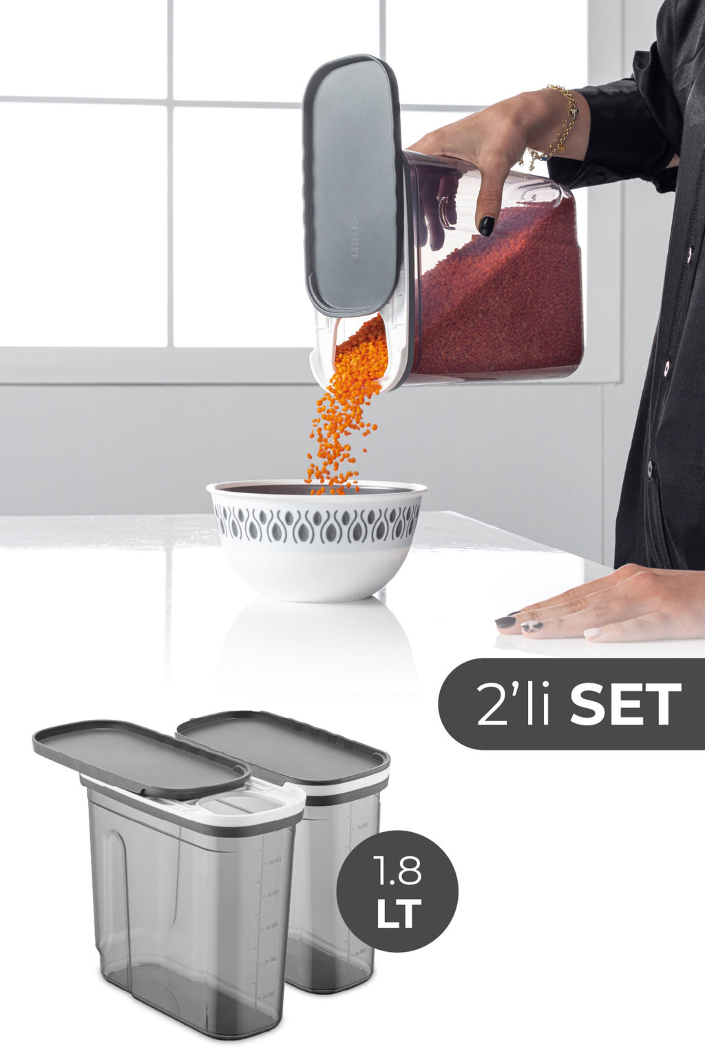 Foly 2'li Sürgülü Kapaklı Erzak Saklama Kabı 1.8 Litre