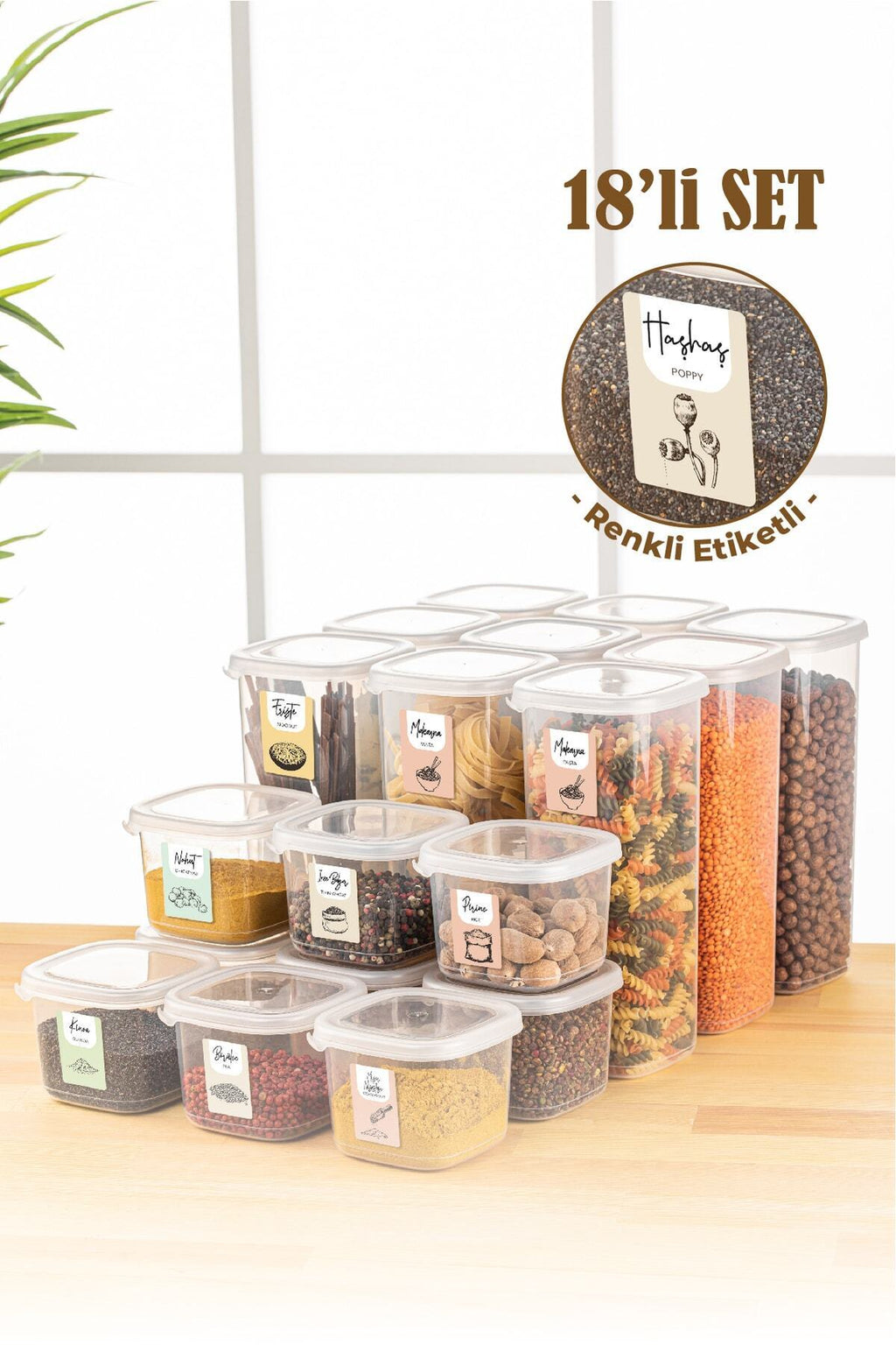 Renkli Etiketli 18li Peggy Kare Erzak Saklama Kabı 9x(0,55 Litre, 1,75 Litre) Beyaz