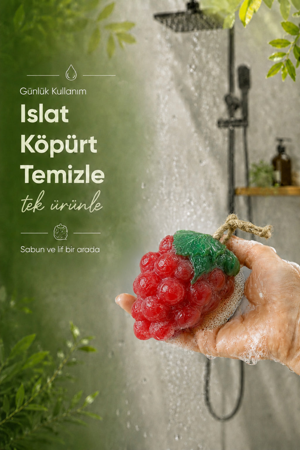 Kırmızı Üzüm Şekilli Lifli Katı Sabun 10,5x7x5,2 cm Peeling Etkili Asılabilir Dekoratif Banyo El Sabunu