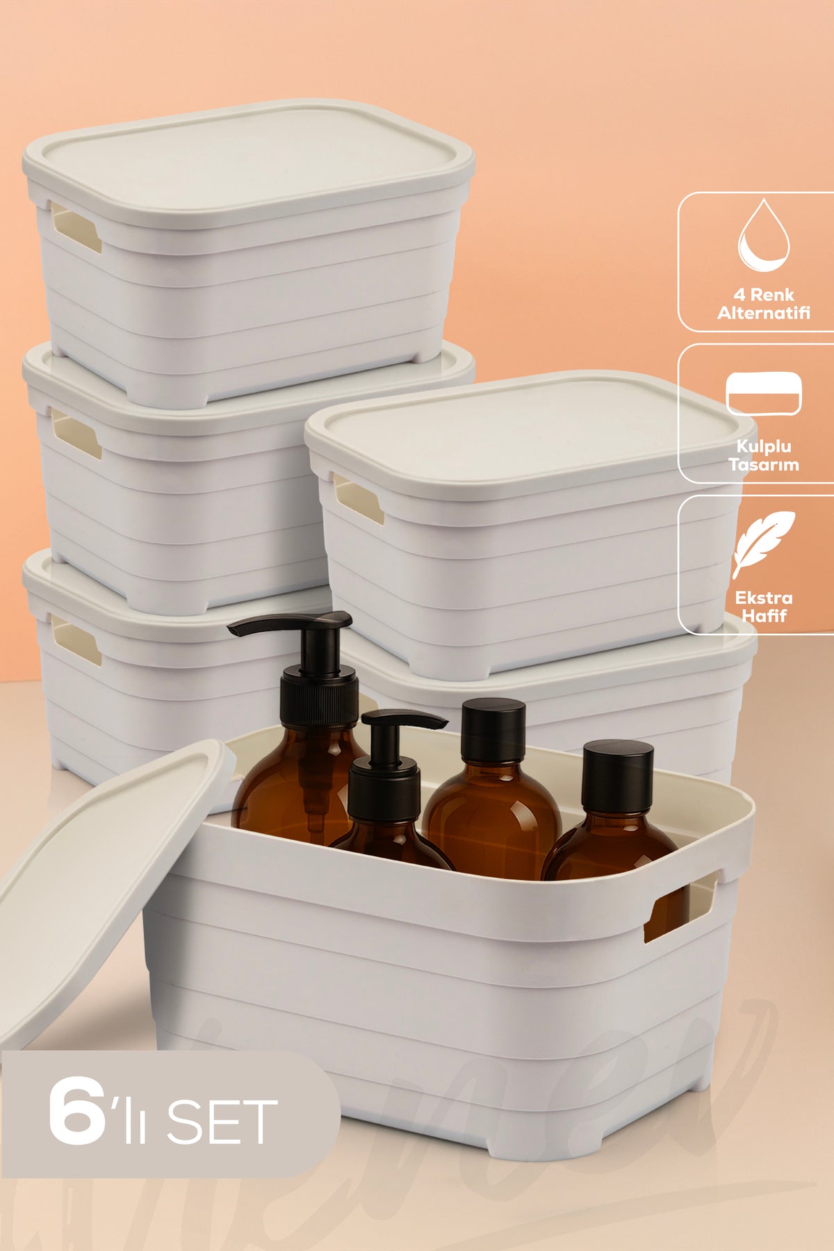 6'lı Kapaklı 3,8 Litre Saklama Kutusu Bej