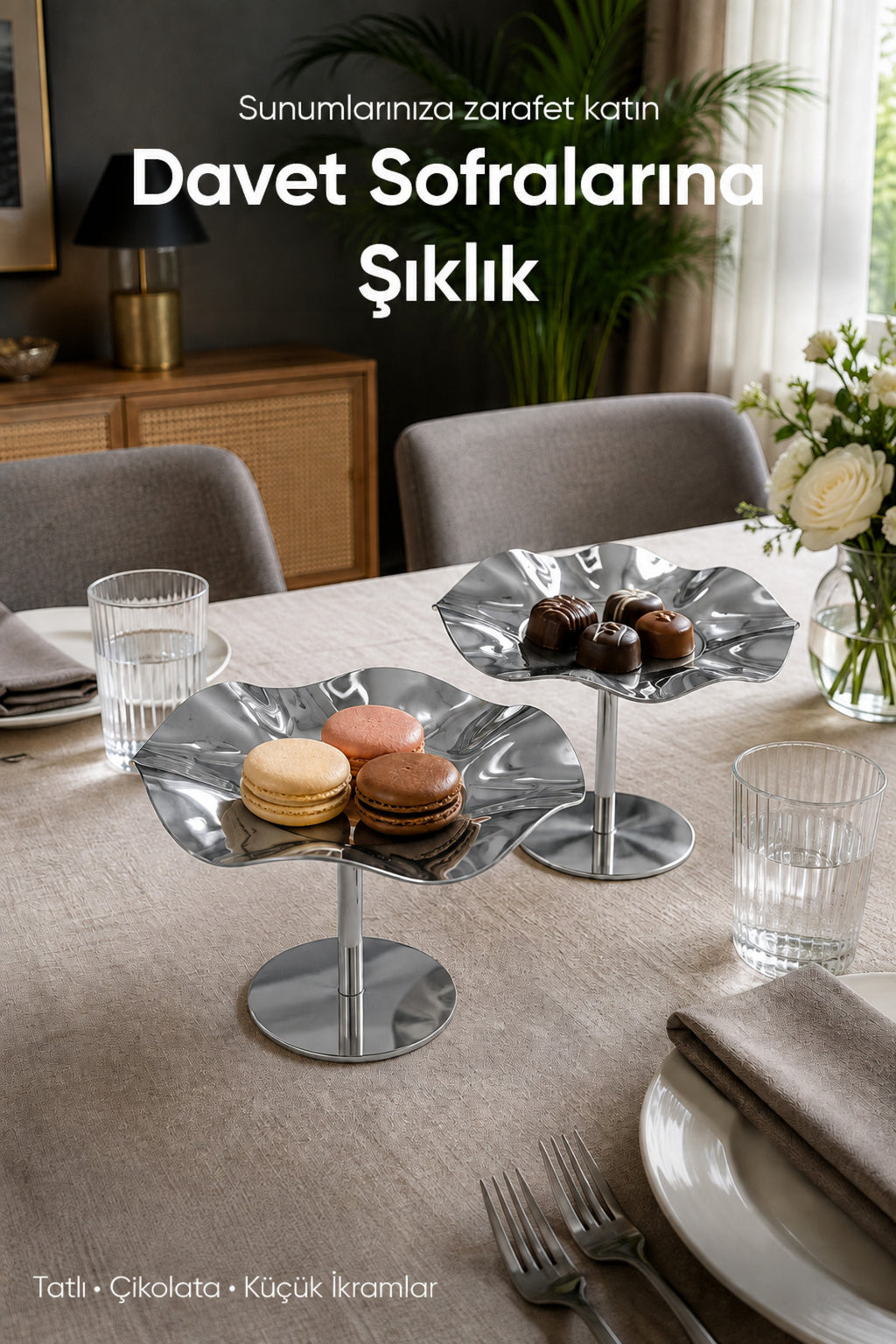 2'li Gümüş Renk Dalgalı Metal Sunum Standı - Şık ve Dekoratif İkramlık Standı