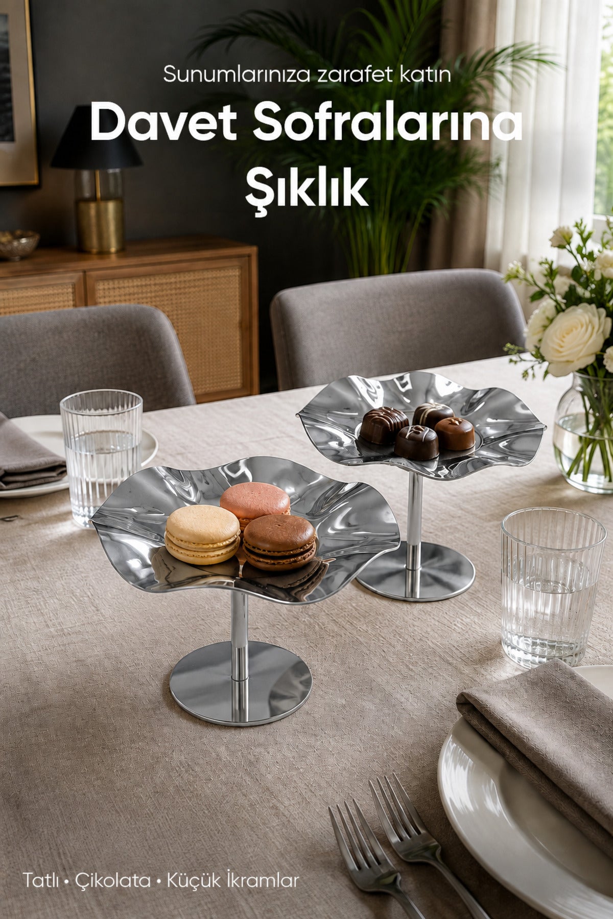 2'li Gümüş Renk Dalgalı Metal Sunum Standı - Şık ve Dekoratif İkramlık Standı