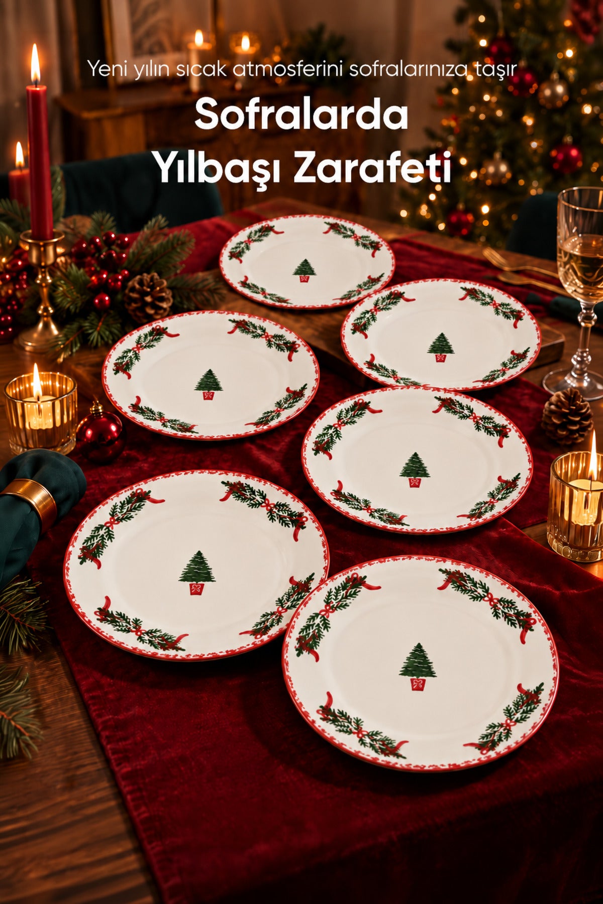 6'lı Çam Ağacı Desenli Yuvarlak Servis Tabağı 25 cm Tatlı Sunum Servis Tabağı 6 Kişilik