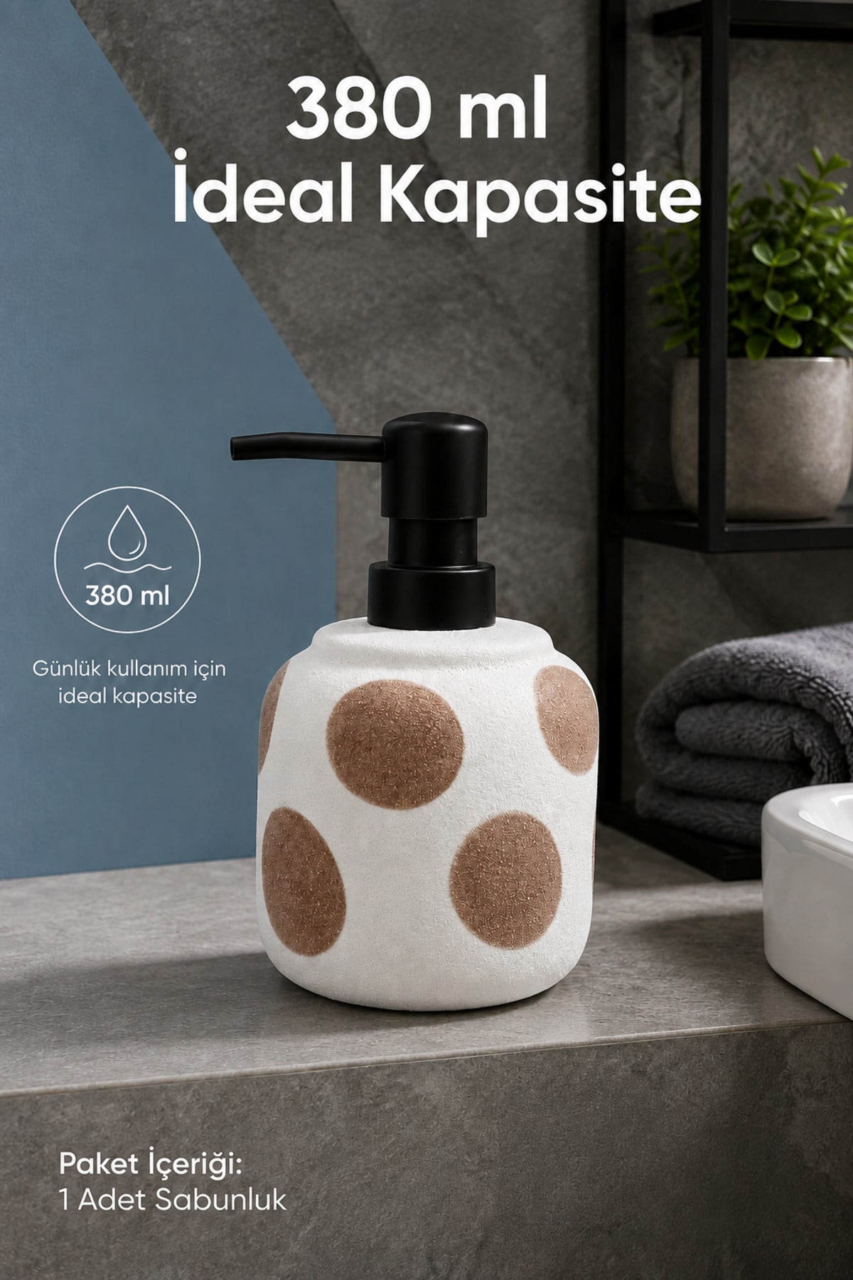 Kahverengi Puantiyeli Seramik Sıvı Sabunluk 380 ml Beyaz Lüks Banyo Mutfak Sıvı Sabunluk