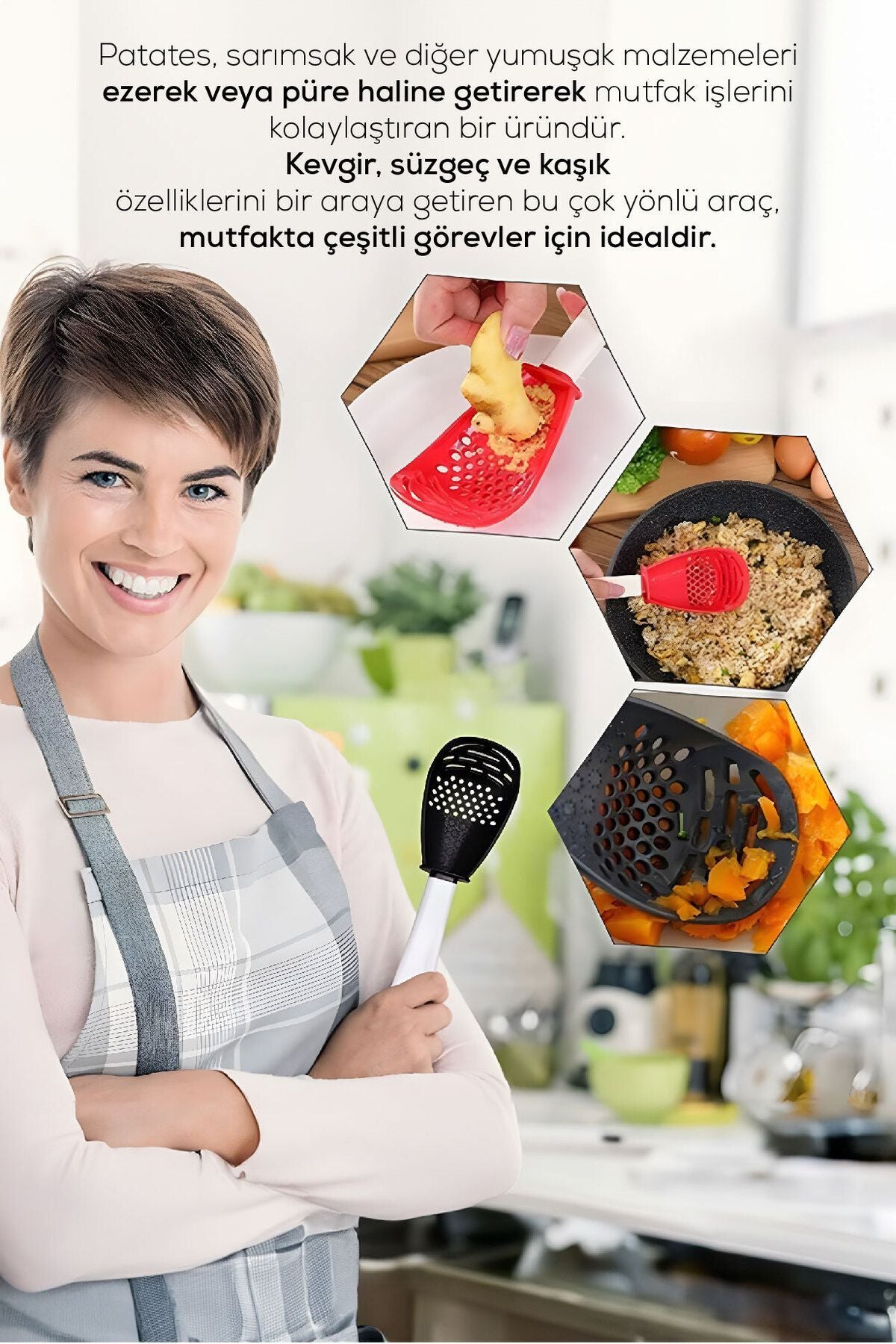 Çok Fonksiyonlu Patates Sarımsak Ezici Kevgir Kaşık Antrasit