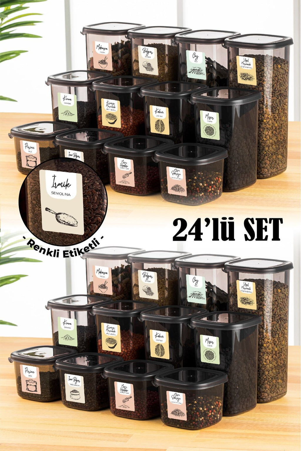 Renkli Etiketli 24lü Peggy Kare Erzak Saklama Kabı 8x(0,55 Litre, 1,2 Litre, 1,75 Litre) Antrasit