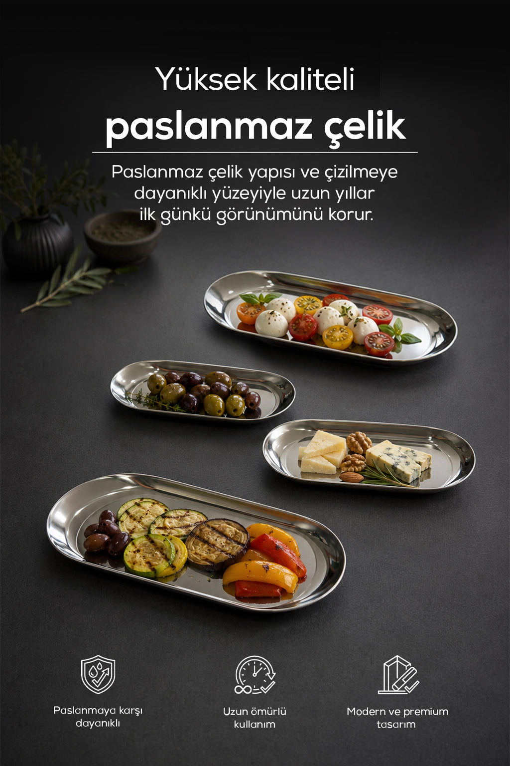 4 Adet Paslanmaz Çelik Servis Sunum Tabağı, Çerezlik , Sunum Tabağı,Servis Tabağı