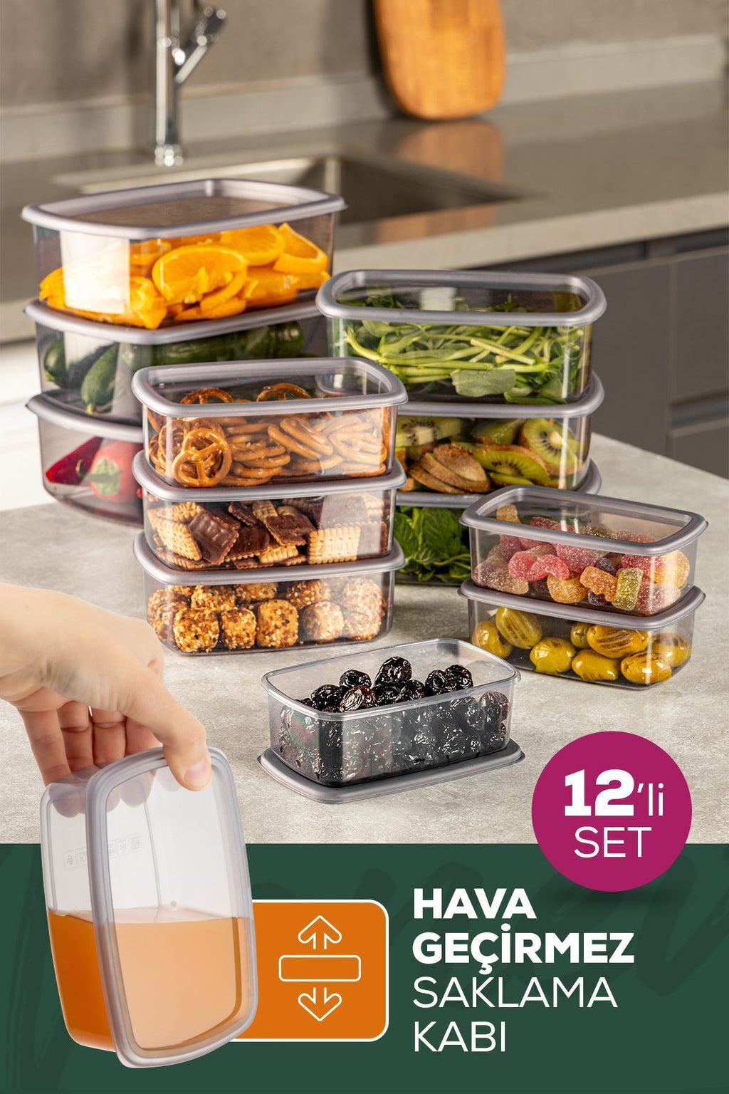 12'li Hava Geçirmez Saklama Kabı Seti Antrasit 3x(250-500-750-1200 ML)