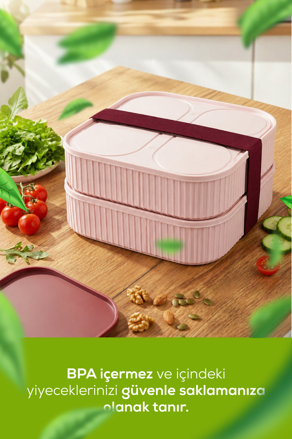 İstiflenebilir 2li 2400 ml Elastik Bantlı Beslenme Saklama Kabı Seti Pembe