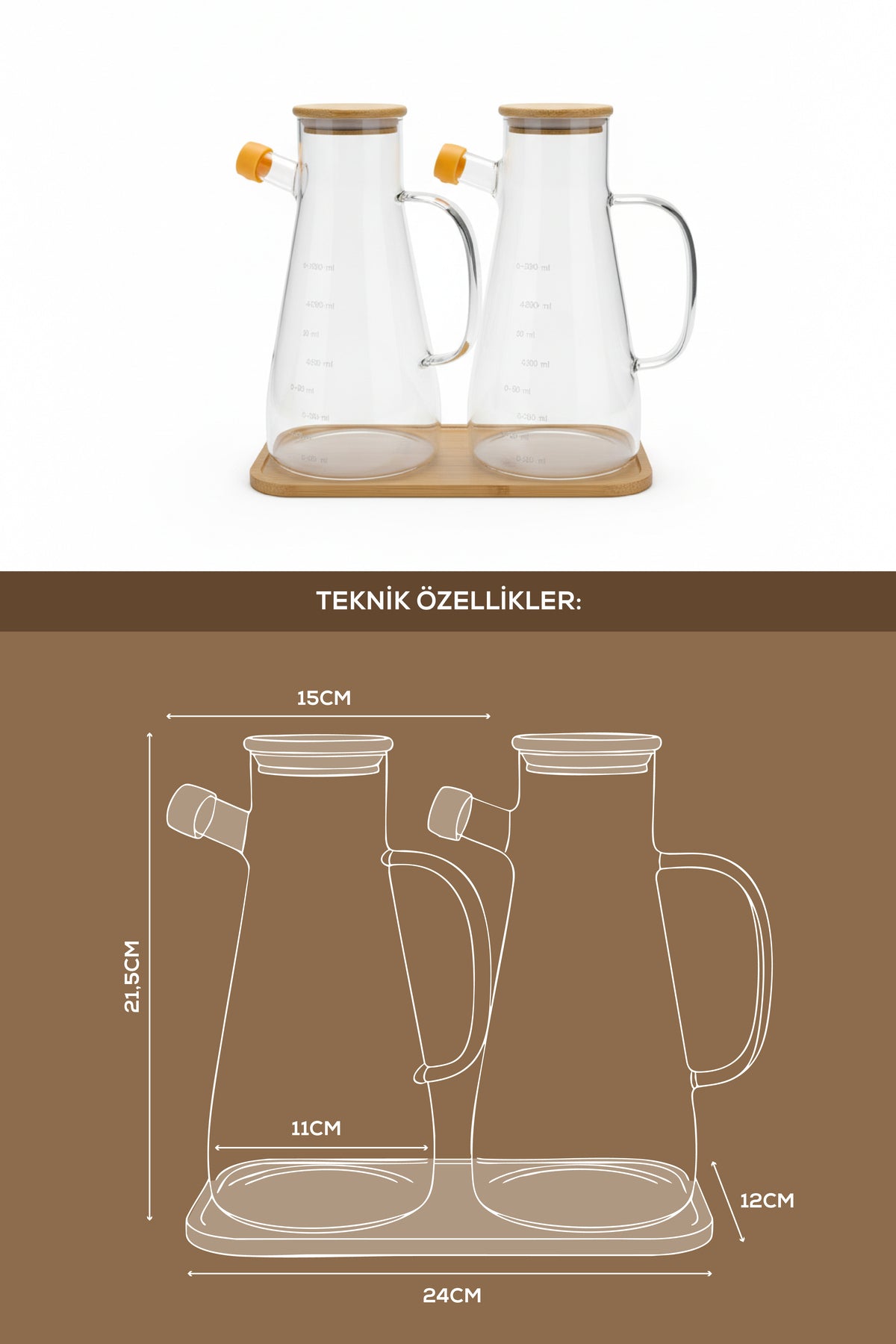 2'li Ahşap Standlı ve Kapaklı Cam Yağdanlık 900 ml