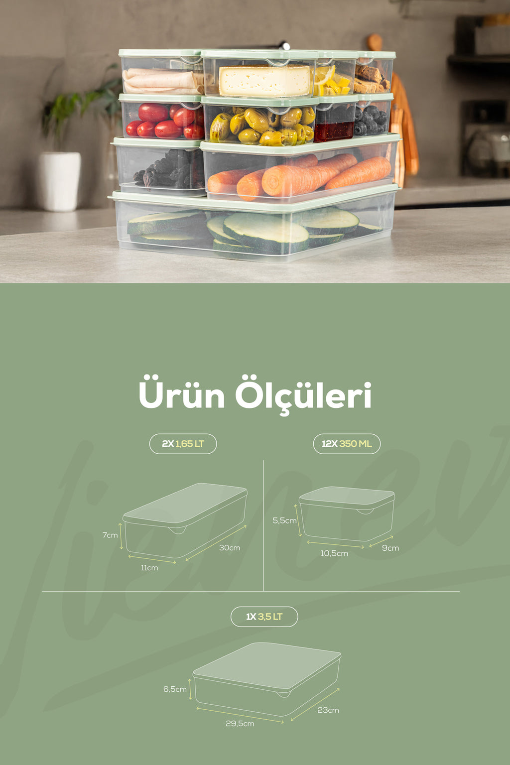 15'li Buzdolabı Dondurucu Organizer Ve Saklama Kabı Mint 12x(350ML) 2x(1,65LT) 1x(3,5LT)
