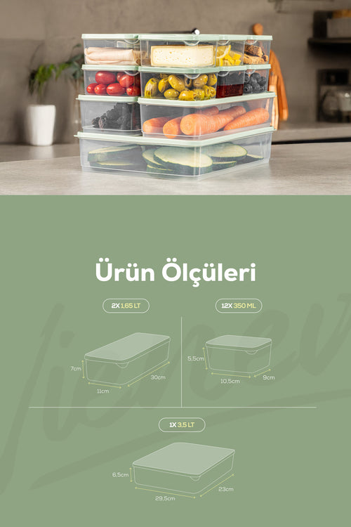 15'li Buzdolabı Dondurucu Organizer Ve Saklama Kabı Mint 12x(350ML) 2x(1,65LT) 1x(3,5LT)
