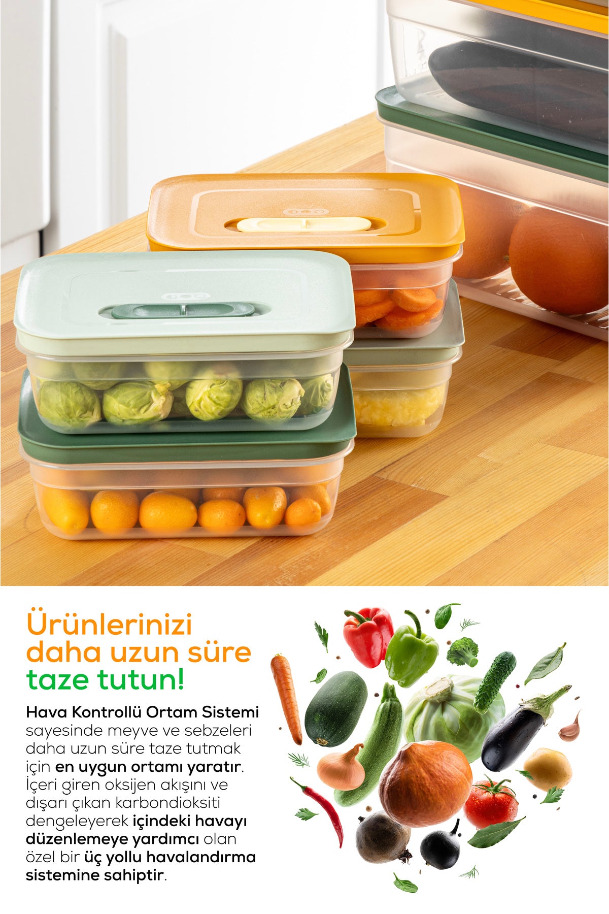 7'li Hava Kanallı Ayarlanabilir Sebze ve Meyve Saklama Kabı 4x(1,15 lt) 2x(2,35 lt) 1x(5 lt) Yeşil