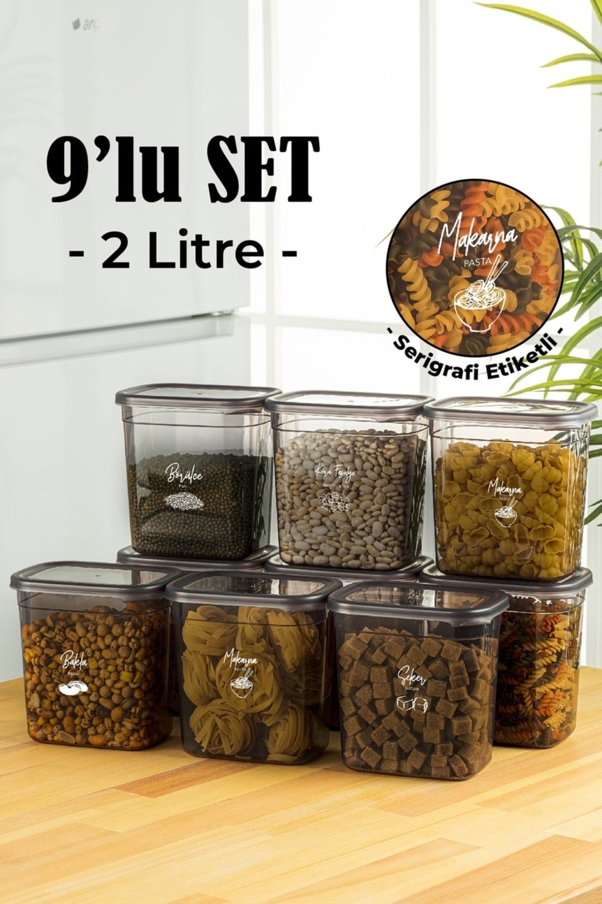 Beyaz Serigrafi Etiketli 9lu Set Peggy Dikdörtgen Saklama Kabı 2 Litre Antrasit