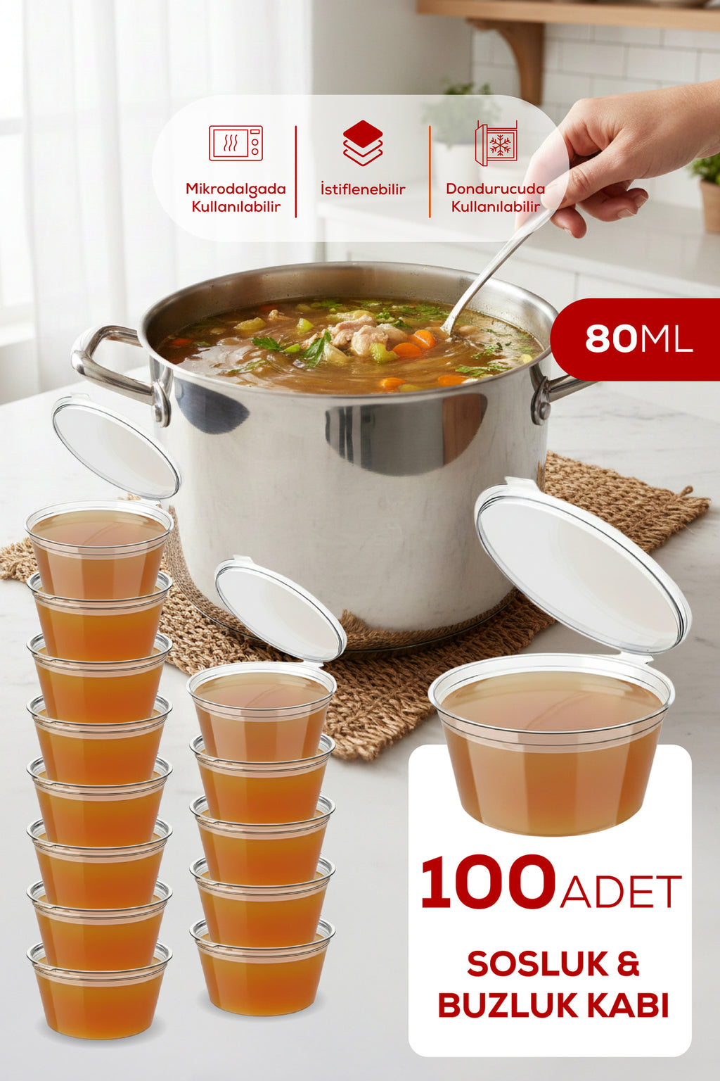 100'lü Dondurucuya Uygun Saklama Kabı – 80 ml İlik, Tavuk Suyu, Sos ve İlaç Saklama Kabı