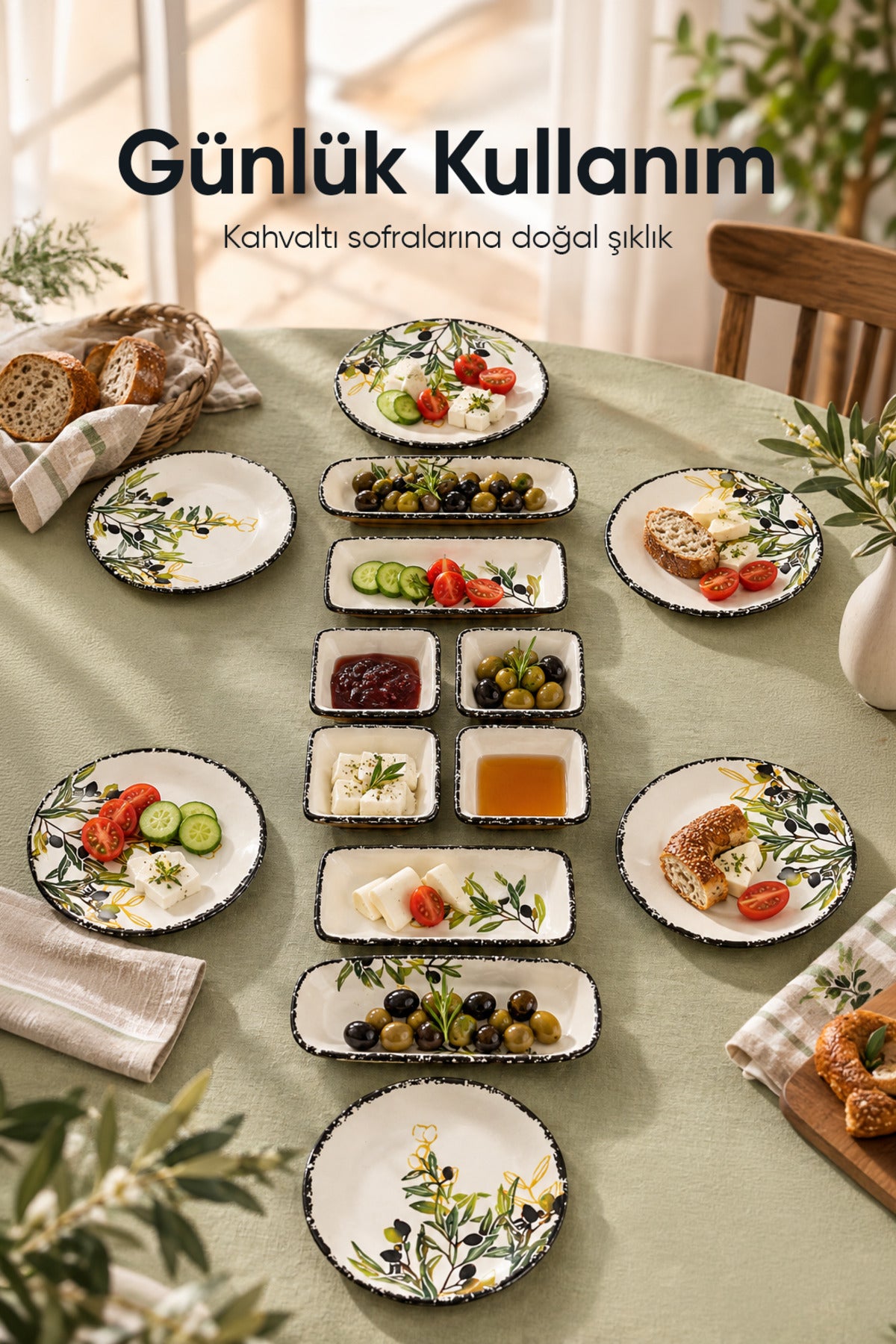 14 Parça 6 Kişilik Zeytin Model Seramik Kahvaltı Takımı 6 Pasta Tabağı 4 Kare Kase 2 Dikdörtgen Kase 2 Oval Zeytinlik