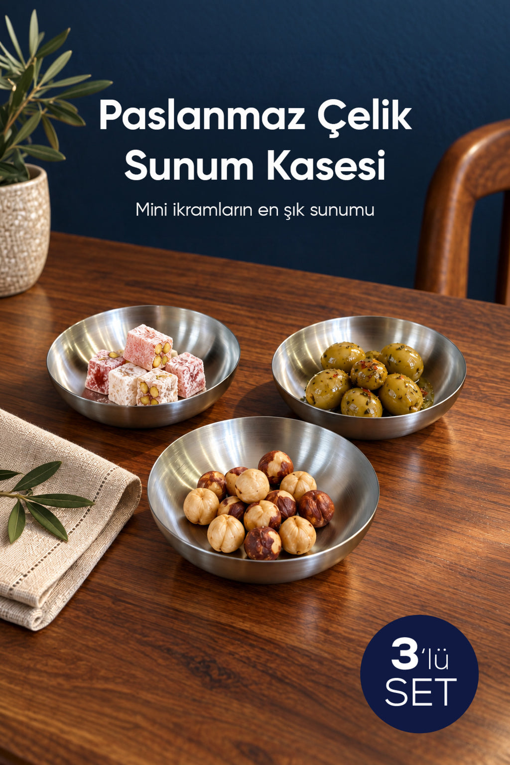 3'lü Paslanmaz Çelik Sunum Kasesi 10 cm Mini İkramlık Çerezlik Tatlı Servis Tabağı