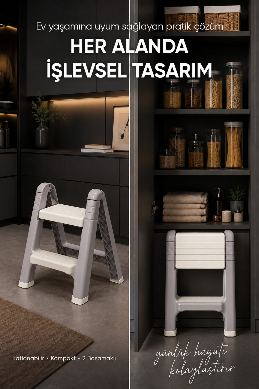 Katlanabilir Basamak Tabure 2 Basamaklı Plastik Merdiven Mutfak Kiler Banyo İçin Kompakt Ev Tipi