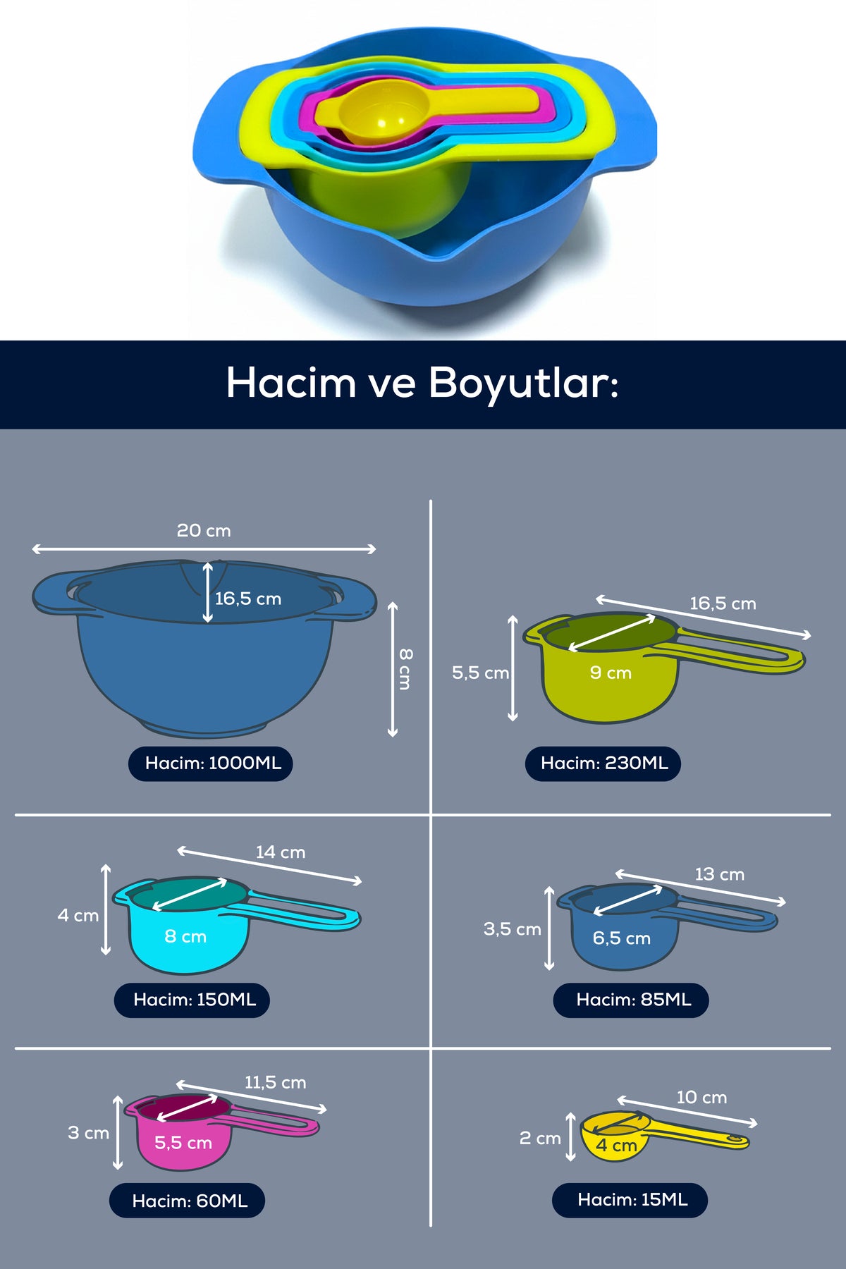 Renkli 6 Parça İç İçe Geçen Ölçü Kabı ve Karıştırma Kasesi Seti | 1000-230-150-85-60-15 ml