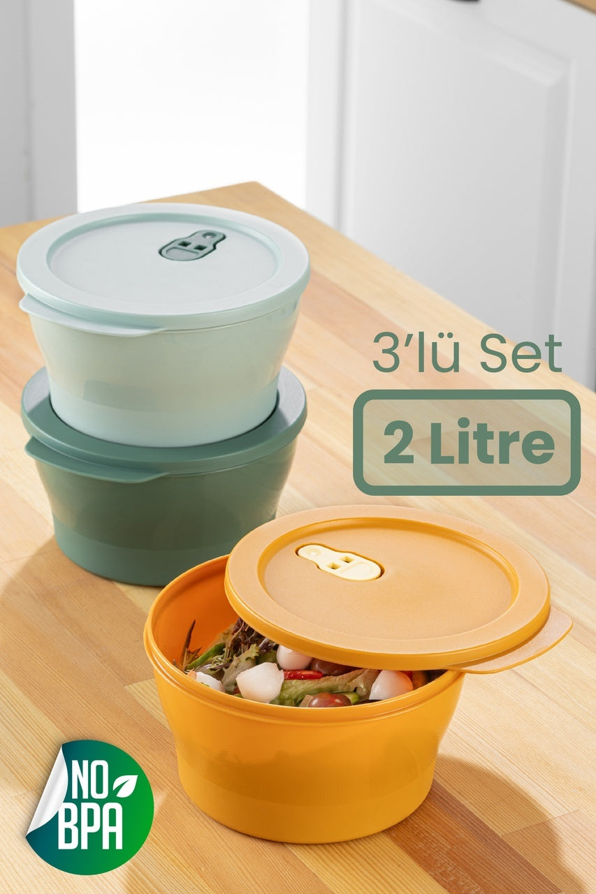 3'lü 2 Litre Mikrodalgaya Girebilen Kapaklı Saklama Kabı Seti Renkli