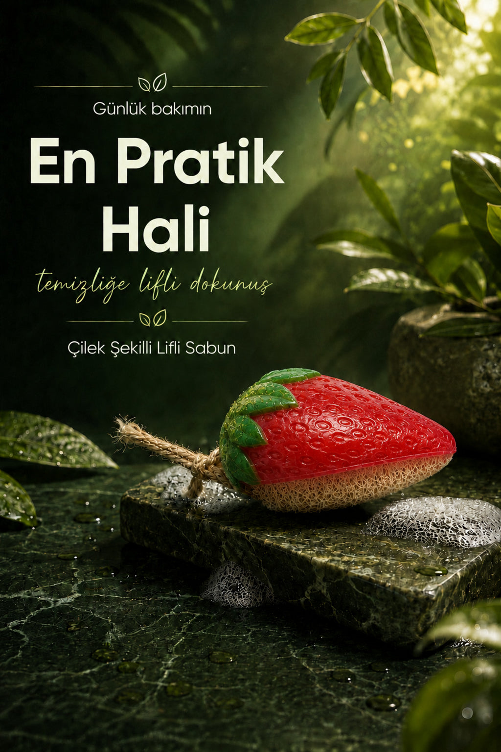 Çilek Şekilli Kabak Lifli Sabun 8,5x7x4,8 cm Peeling Etkili Asılabilir Dekoratif Banyo El Sabunu