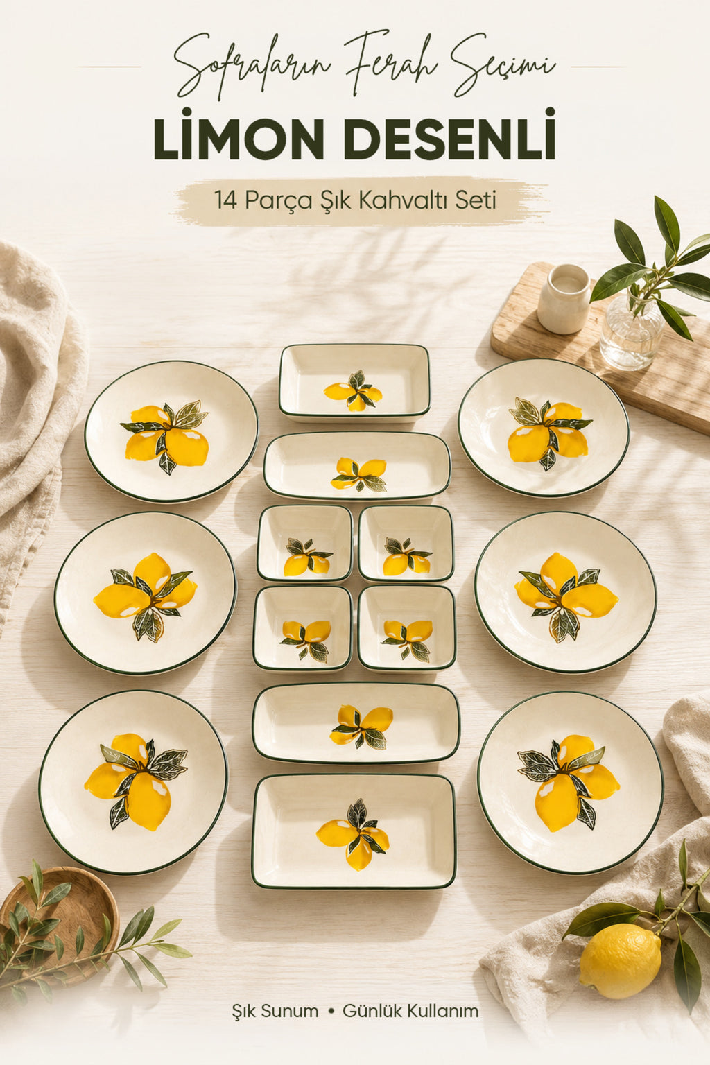 Limon Desenli Seramik Kahvaltı Takımı 14 Parça Ikram Sunum Tabak Seti