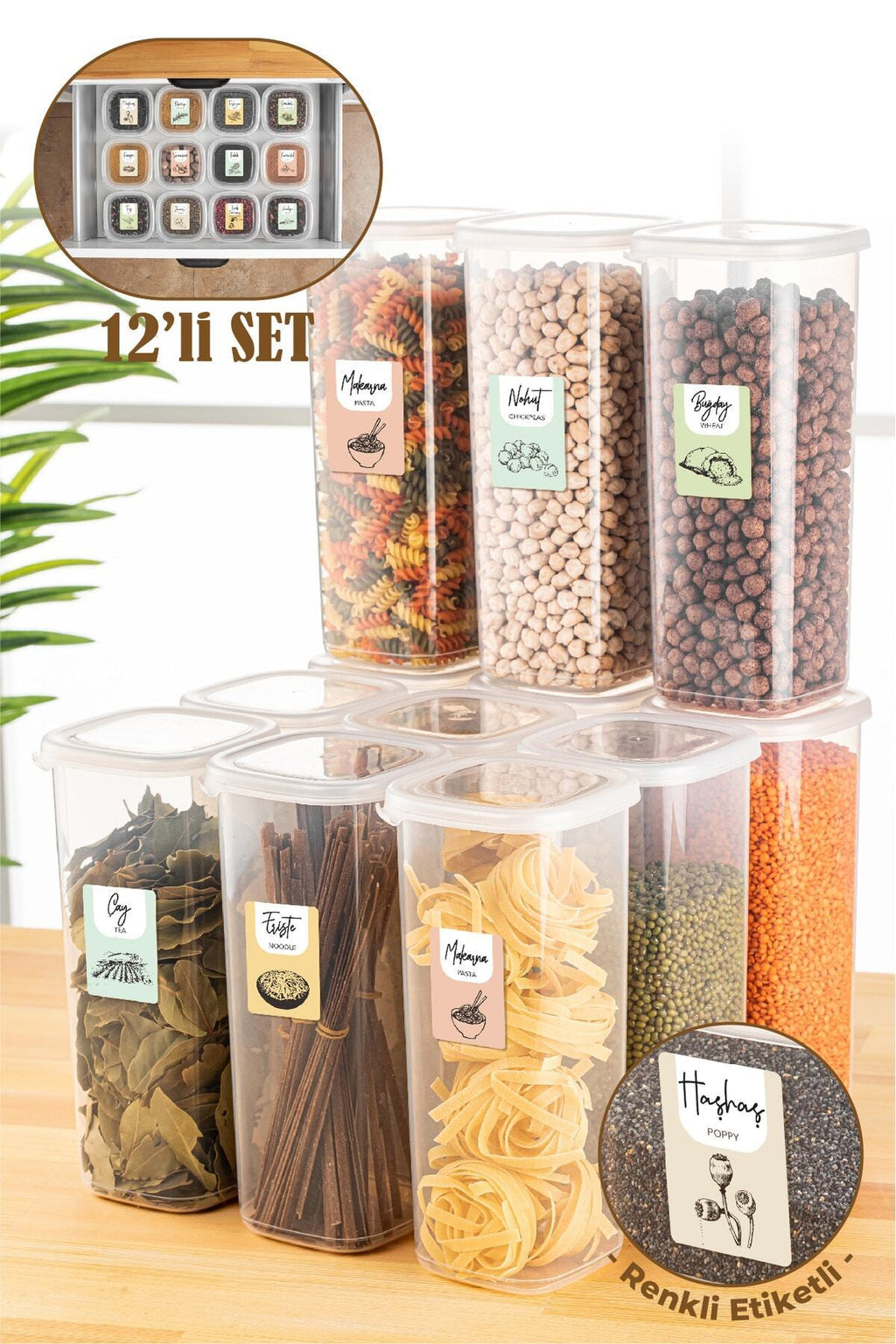 Renkli Etiketli 12li 1,75 Litre Peggy Kare Erzak Saklama Kabı Beyaz