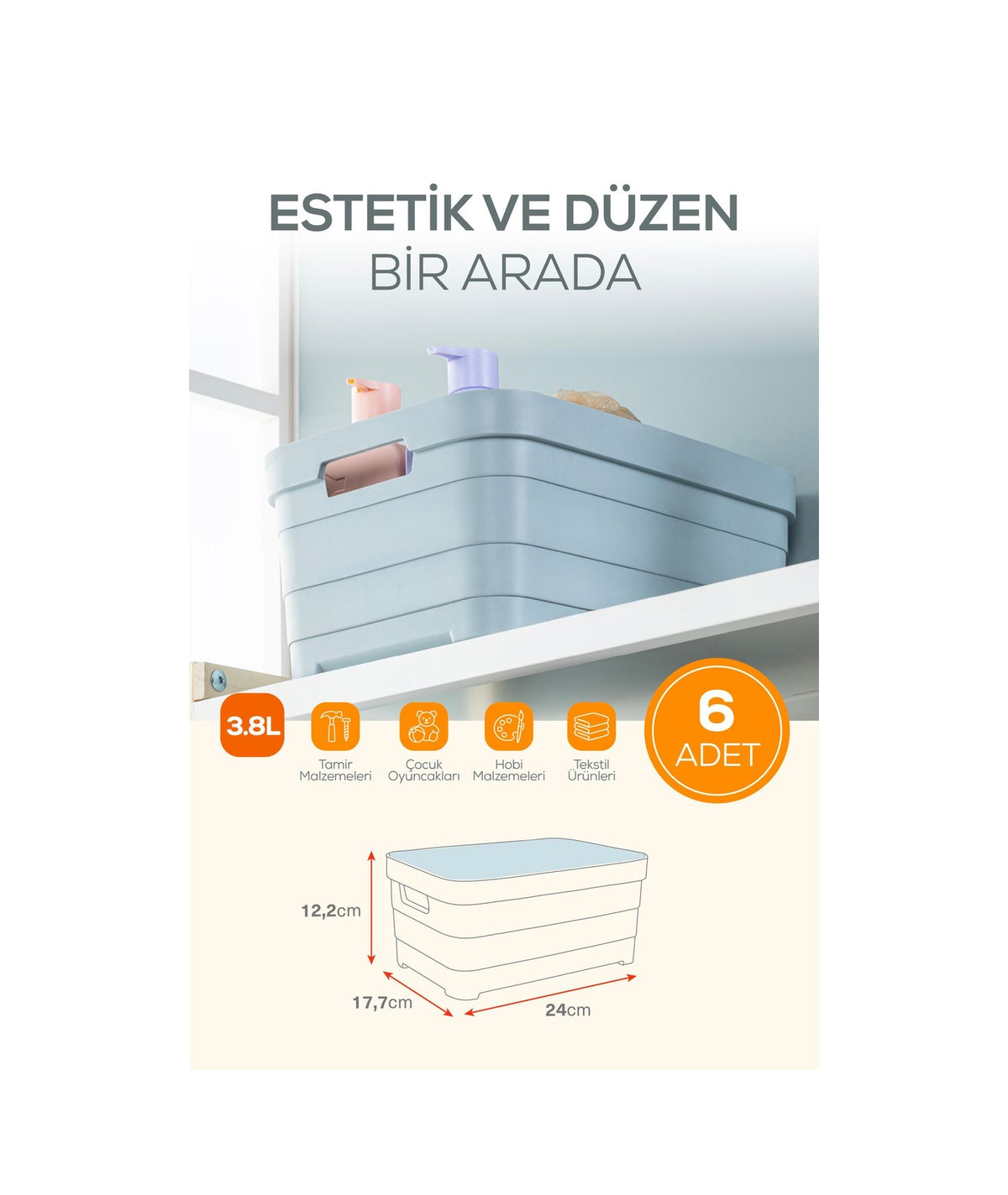 6'lı Kapaklı 3,8 Litre Saklama Kutusu Beyaz