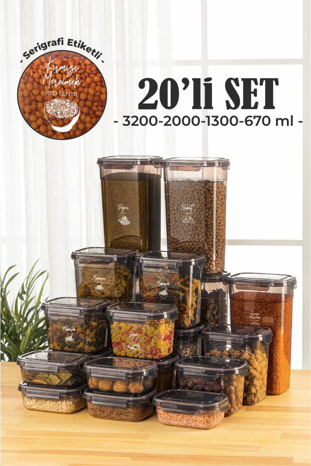 20li Contalı Dikdörtgen Saklama Kabı Seti 5x(3,2 2 1,3, 0,67 Litre) Serigrafi Etiketli