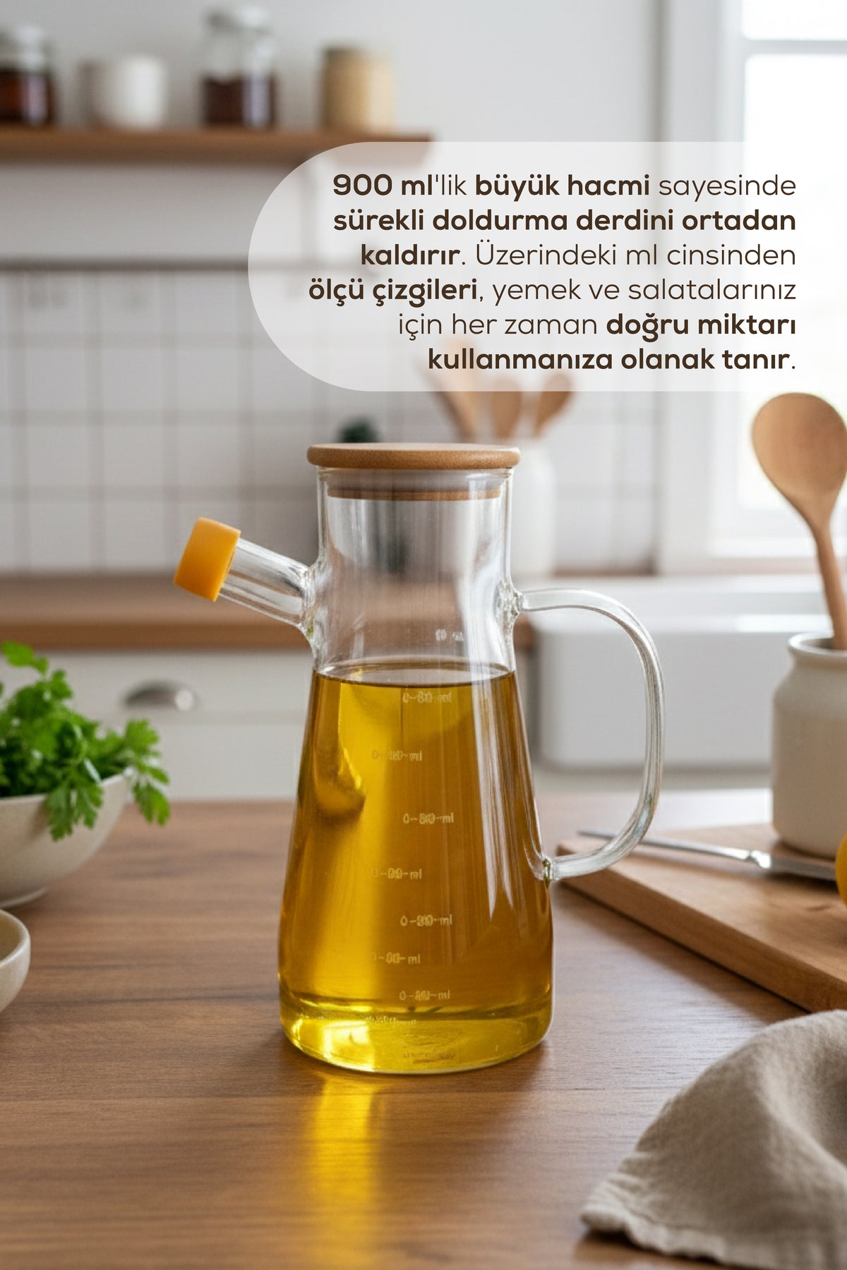 Ahşap Kapaklı Cam Yağdanlık 900 ml