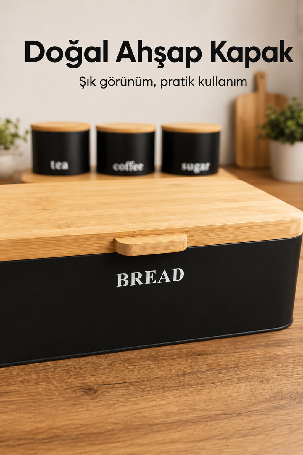 Dikdörtgen Ahşap Kapaklı Metal Ekmek Kutusu Ve 3lü Yuvarlak Çay Kahve Şeker Saklama Kabı Seti Siyah