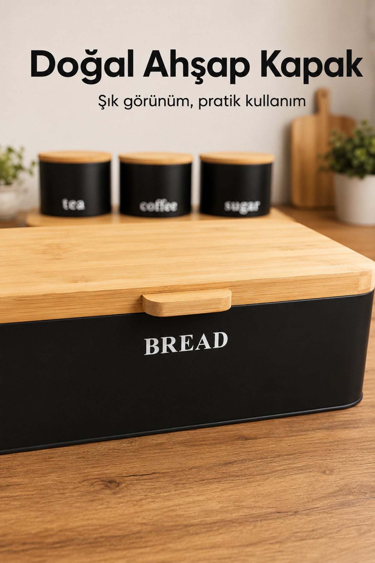 Dikdörtgen Ahşap Kapaklı Metal Ekmek Kutusu Ve 3lü Yuvarlak Çay Kahve Şeker Saklama Kabı Seti Siyah