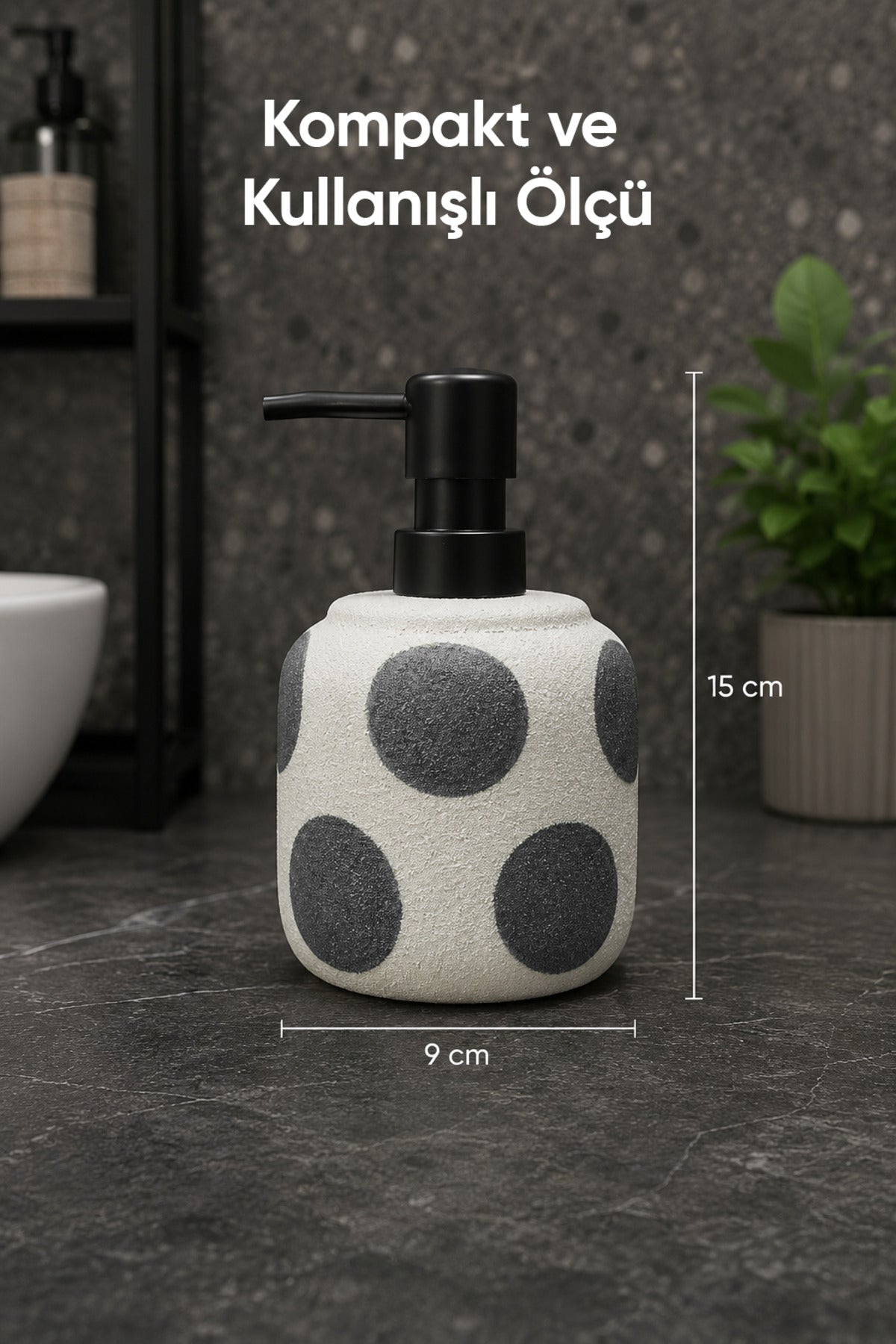 Gri Puantiyeli Seramik Sıvı Sabunluk 380 ml Beyaz Lüks Banyo Mutfak Sıvı Sabunluk