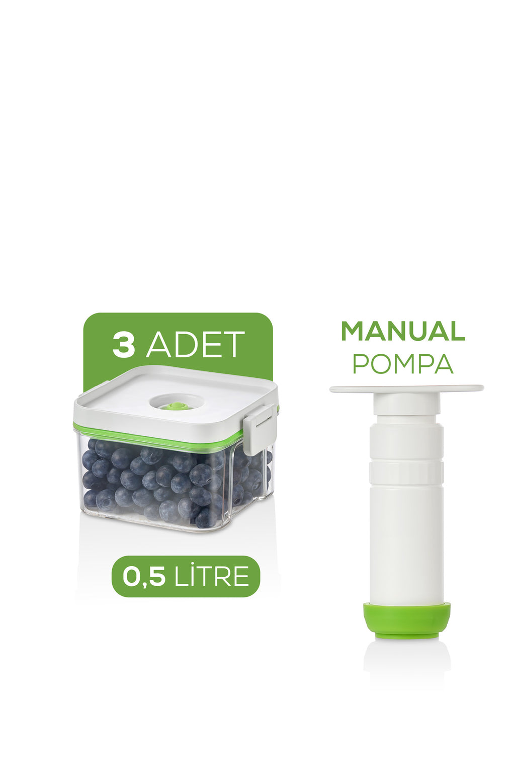 4'lü Vakumlu Saklama Kabı Seti | 3x 0,5 Litre Kap + Manuel Pompa