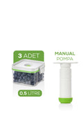 4'lü Vakumlu Saklama Kabı Seti | 3x 0,5 Litre Kap + Manuel Pompa