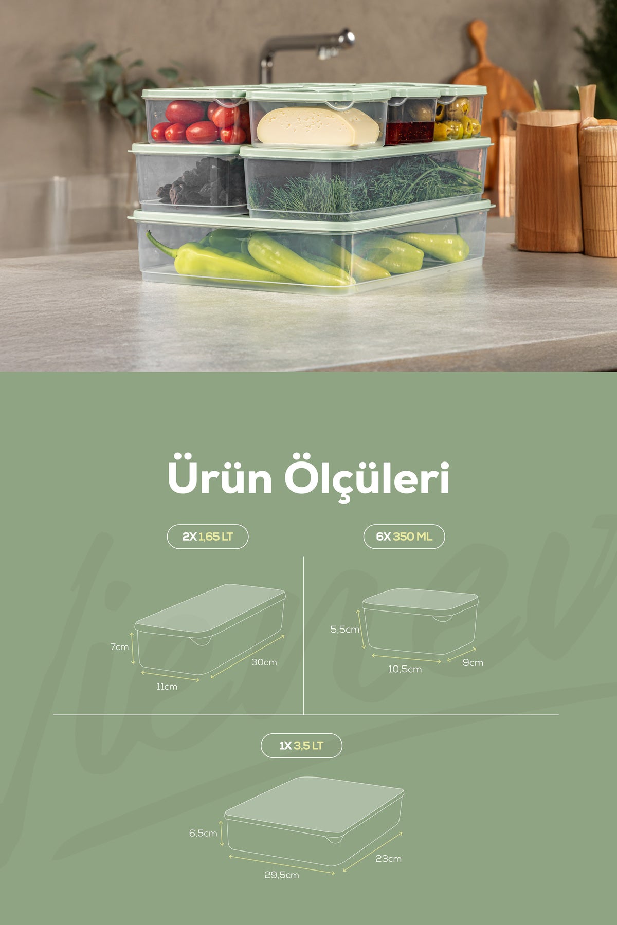 9'lu Buzdolabı Dondurucu Organizer Ve Saklama Kabı Mint 6x(350ML) 2x(1,65LT) 1x(3,5LT)