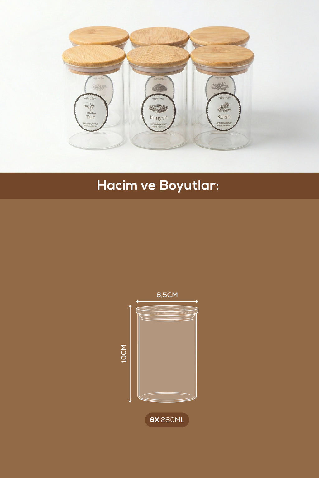6'lı Set Bambu Kapaklı Cam Kavanoz 280 ml - Etiketli Baharat Düzenleyici Saklama Kabı (6,5x10 cm)