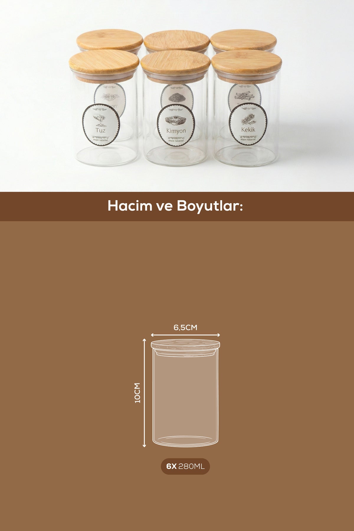 6'lı Set Bambu Kapaklı Cam Kavanoz 280 ml - Etiketli Baharat Düzenleyici Saklama Kabı (6,5x10 cm)