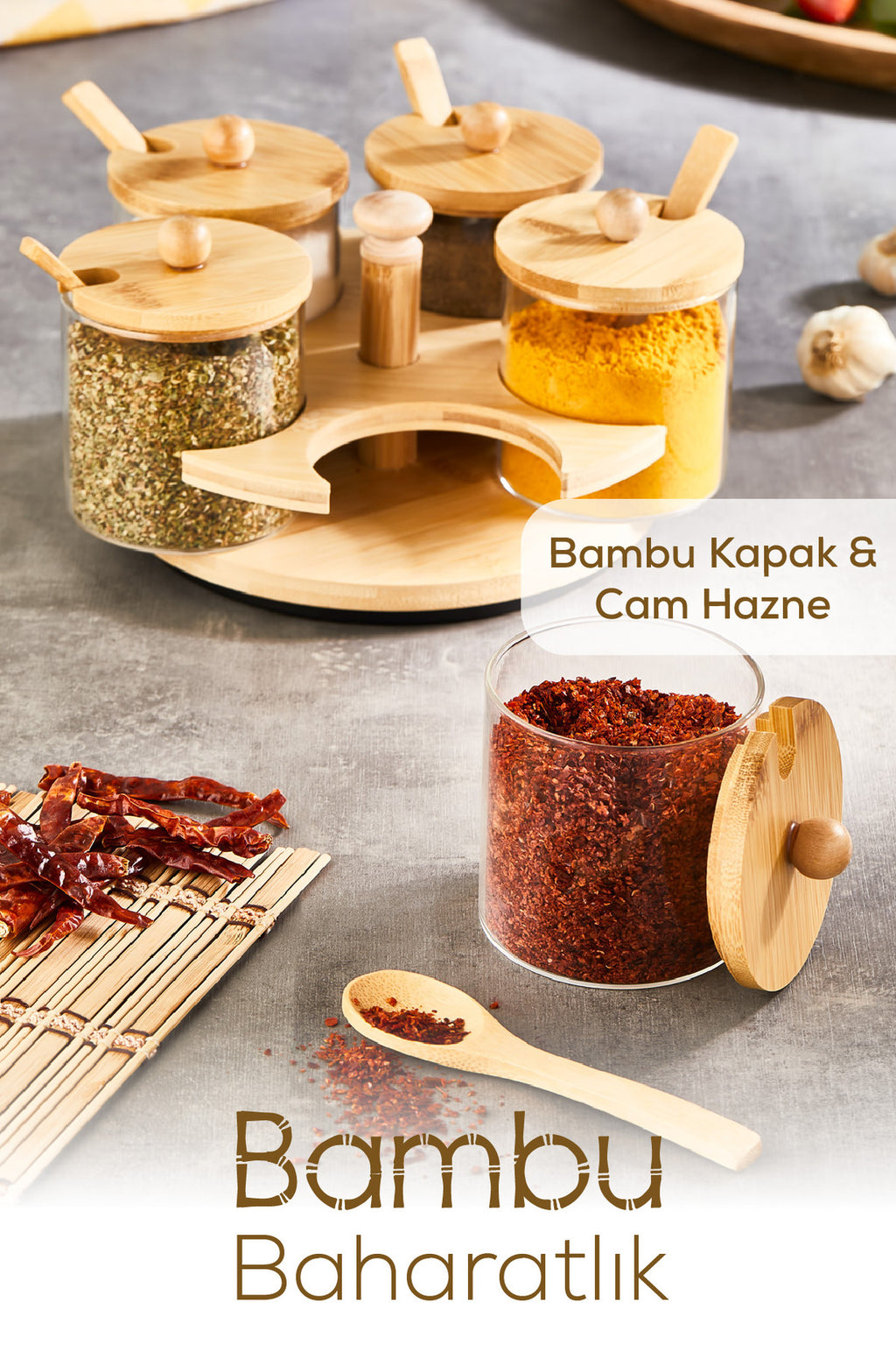 5'li Bambu Standlı Ve Kaşıklı Cam Baharatlık