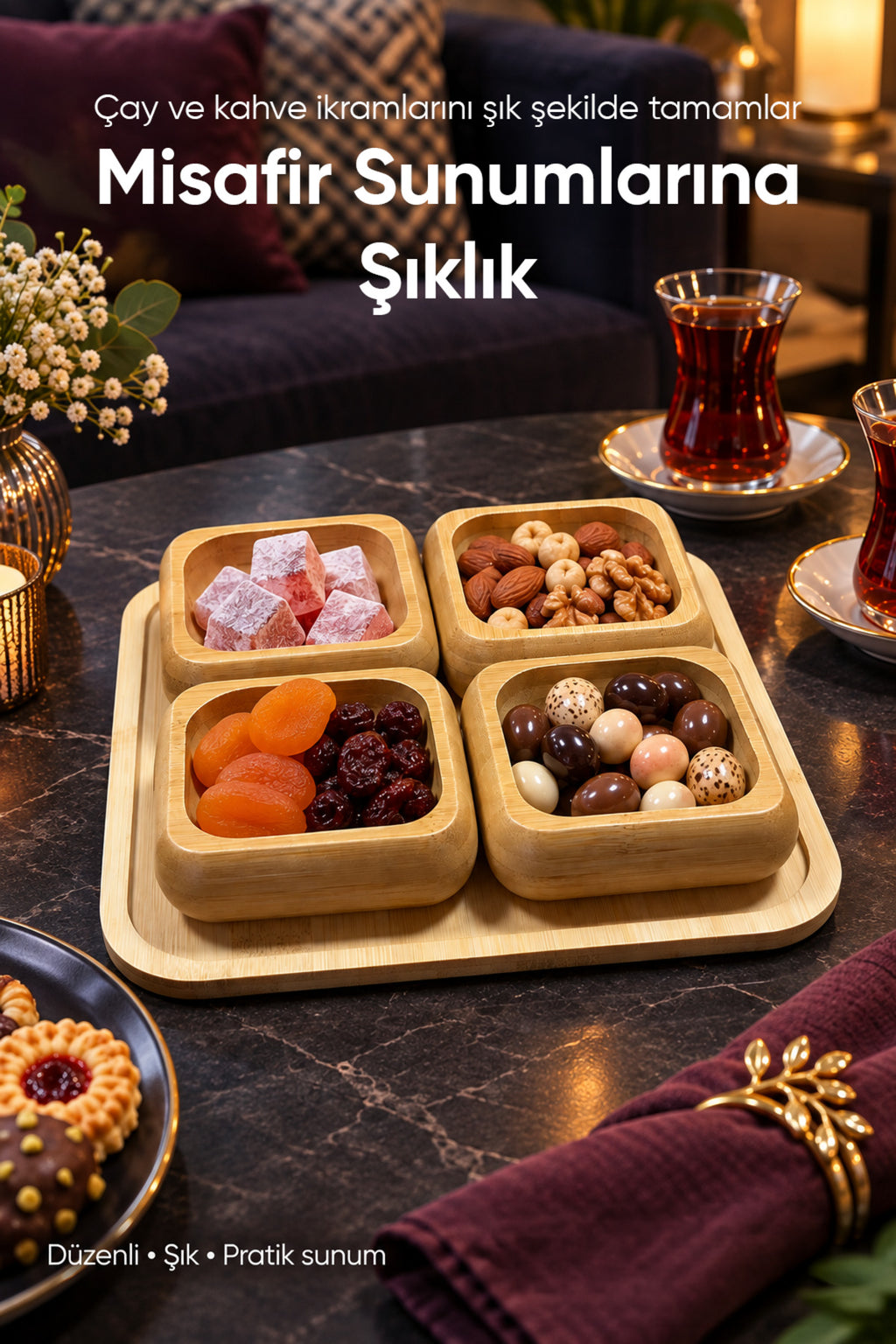 Alt Tablalı 4'lü Kare Bambu Çerezlik Seti 9 cm Kaseli 22 cm Tepsili Sunum ve İkram Servis Takımı