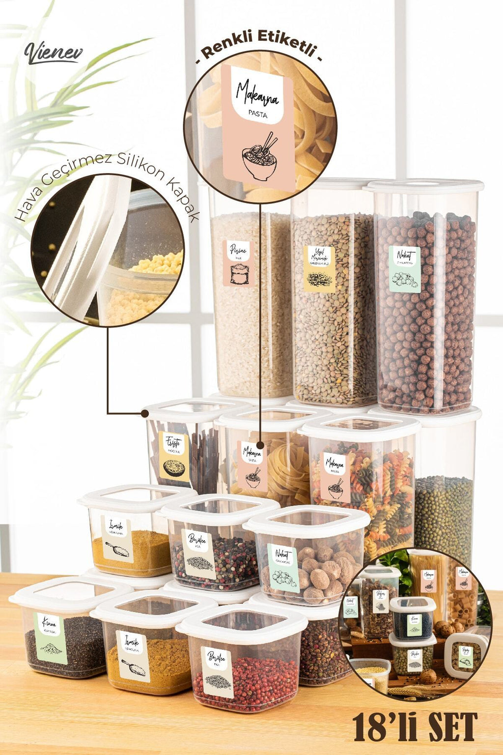 Renkli Etiketli 18li Foly Kare Erzak Saklama Kabı 9x(0,55 Litre, 1,75 Litre) Beyaz