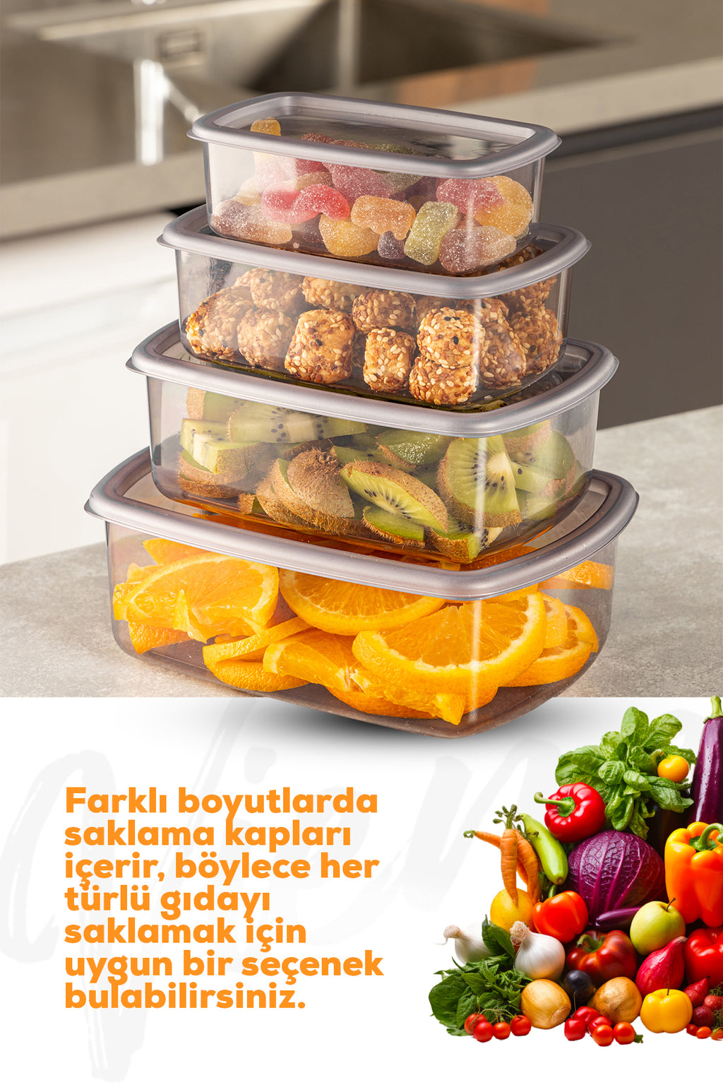 4'lü Hava Geçirmez Saklama Kabı Seti Antrasit 1x(250-500-750-1200 ML)