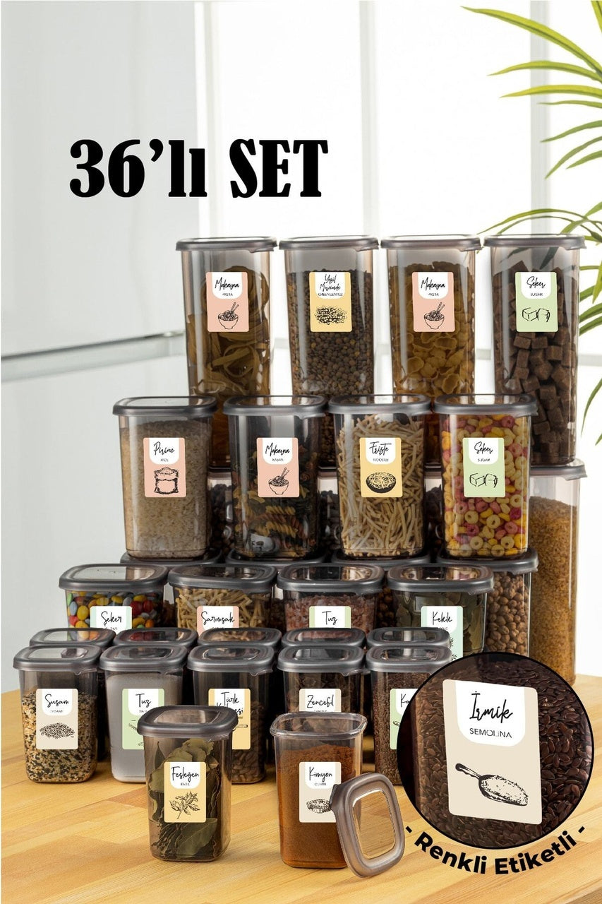 36lı Renkli Etiketli Peggy Kare Erzak Ve Baharat Full Set 8x(1,75, 1,2, 0,55) 12x(0,45) Ant