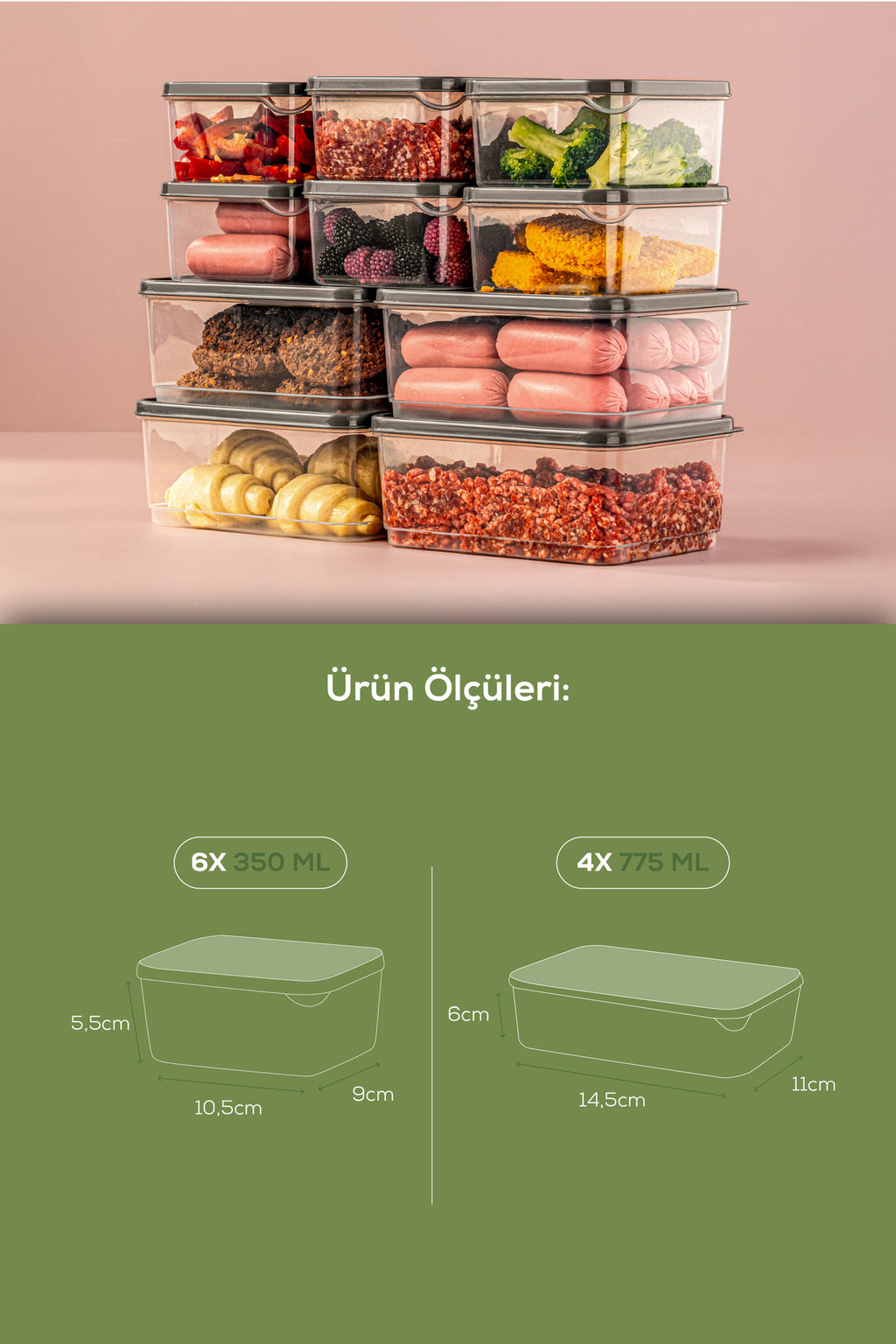 10'lu Buzdolabı Düzenleyici Organizer Mikrodalgaya Uygun Difriz Saklama Kabı Gri