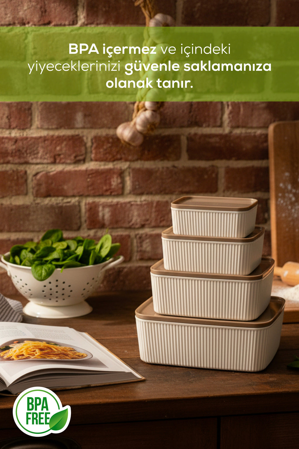 4'lü Çizgili Dikdörtgen Saklama Seti Bej | 2.5L 1.5L 0.80L 0.45L | Mikrodalga ve Dondurucu Uyumlu