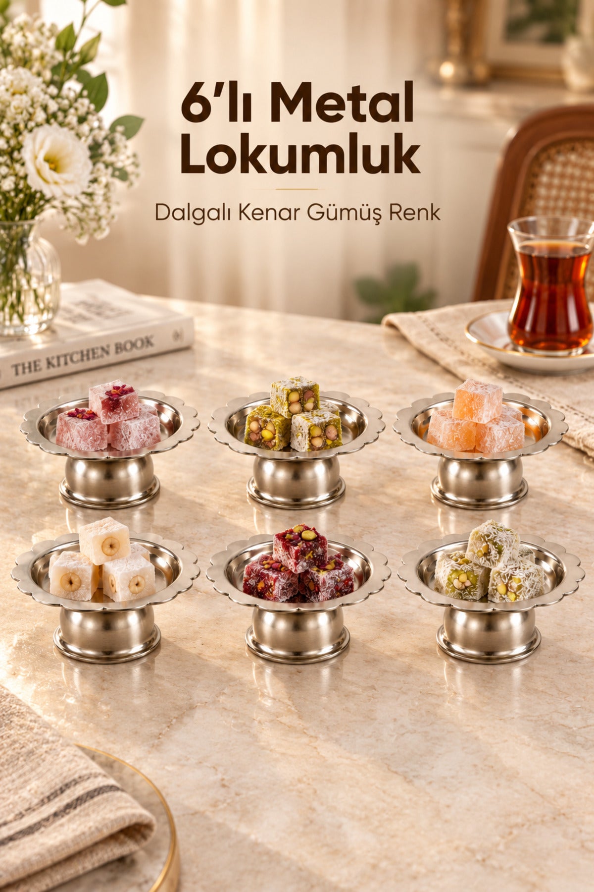 6'lı Dalgalı Kenar Gümüş Renk Metal Lokumluk