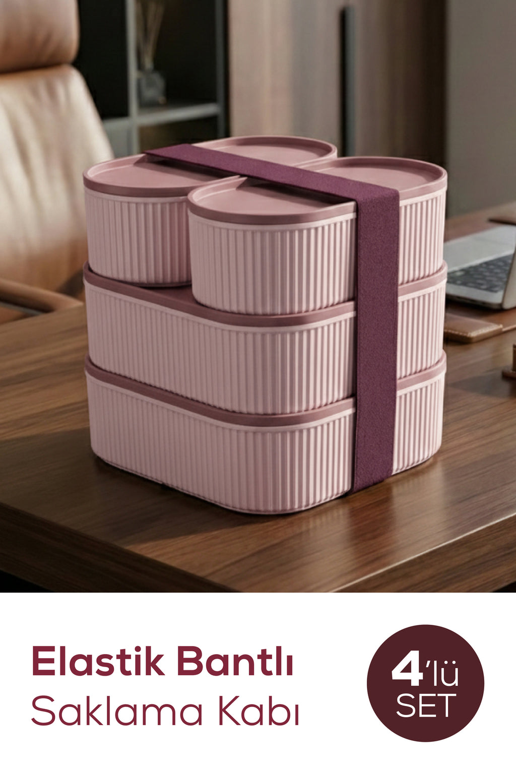 4'lü Elastik Bantlı İstiflenebilir Pratik Saklama Kabı Seti 2x(1100 ml) 2x(2400 ml) Pembe